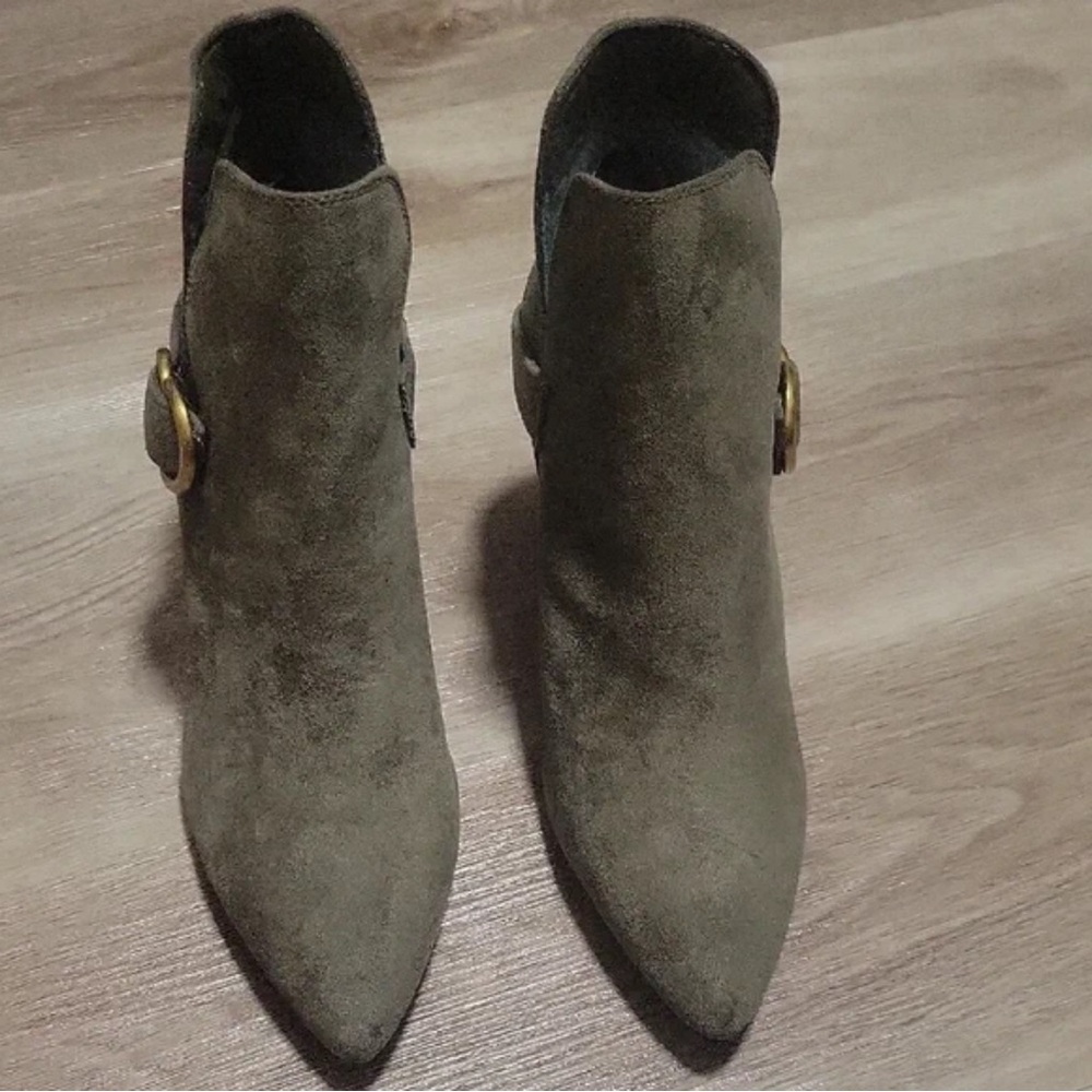 Banana Republic Olive Green Suede Pointed-Toe Ankle Booties with Buckle